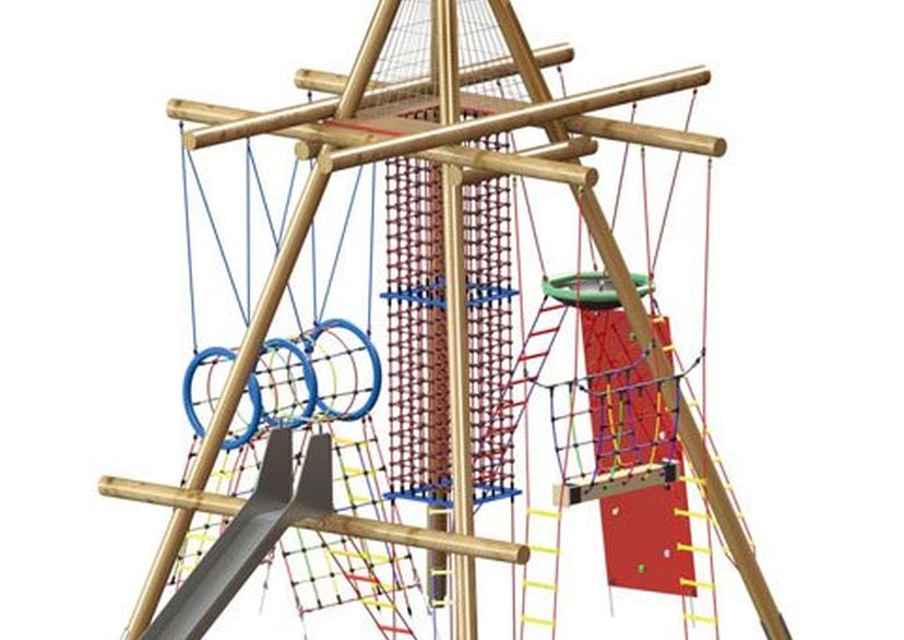 Kinder auf Seilspielgerät Vogelnestturm „Black Forrest“ 