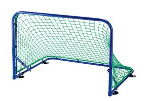 Mini-Hockey-Tornetz in grün, in einem blauen Torrahmen